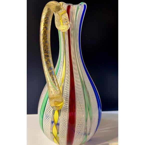 RARE Murano Zanfirico Latticino Glass Decanter Arlecchino Ribbon Gold Aventurine - Picture 7 of 11